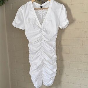 Monrow White Ruched Dress v neck stretch cotton soft sexy jersey tee fabric